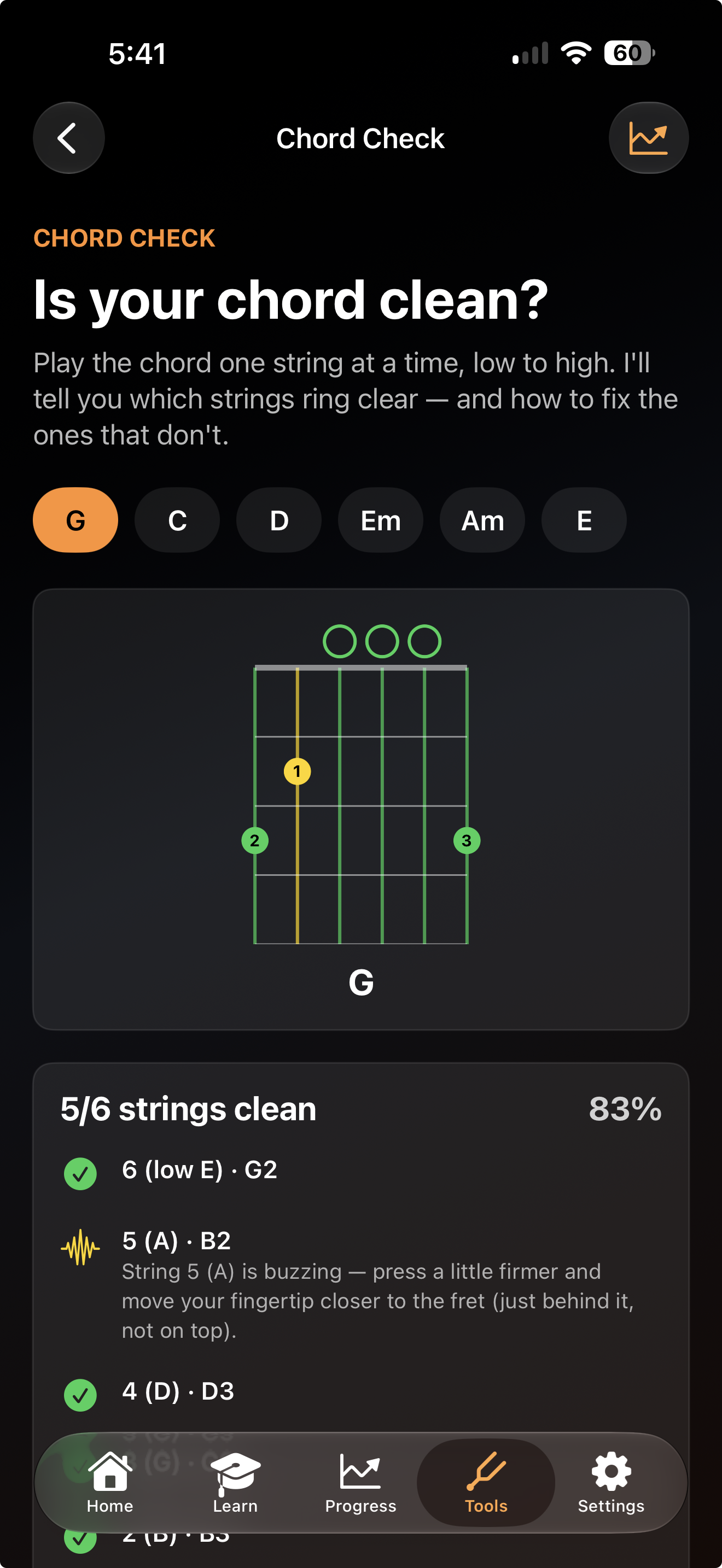 Chord Check — per-string clean and buzzing feedback